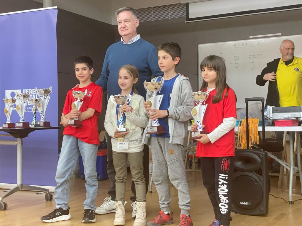 Laia Cid i Alexander Jiménez al podi del Campionat Territorial de Barcelona 2025, amb els altres guanyadors de la categoria Sub10