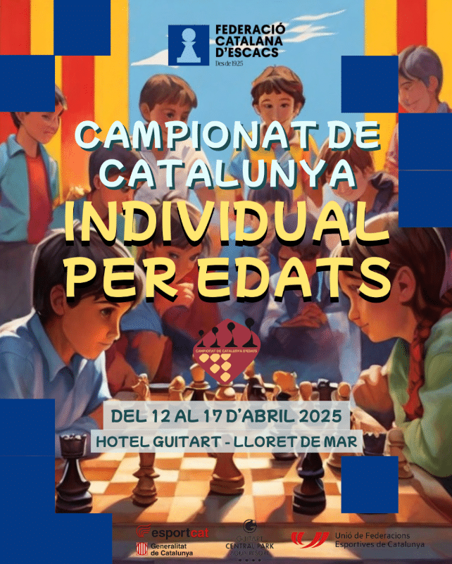 Cartell del Campionat de Catalunya d’Escacs per Edats 2025 amb nens jugant a escacs
