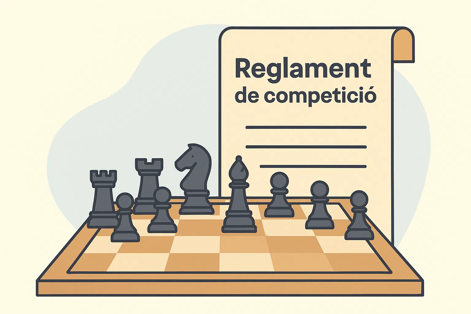 Reglament de competició d’escacs del Club Dos Torres de Sant Cugat: peces d’escacs davant d’un document oficial