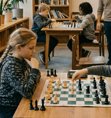 Nens jugant a escacs durant una classe gratuïta al Club d'Escacs Dos Torres Sant Cugat