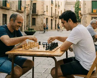 Jugadors participant en un torneig d'escacs ràpid durant la Festa Major de Sant Cugat