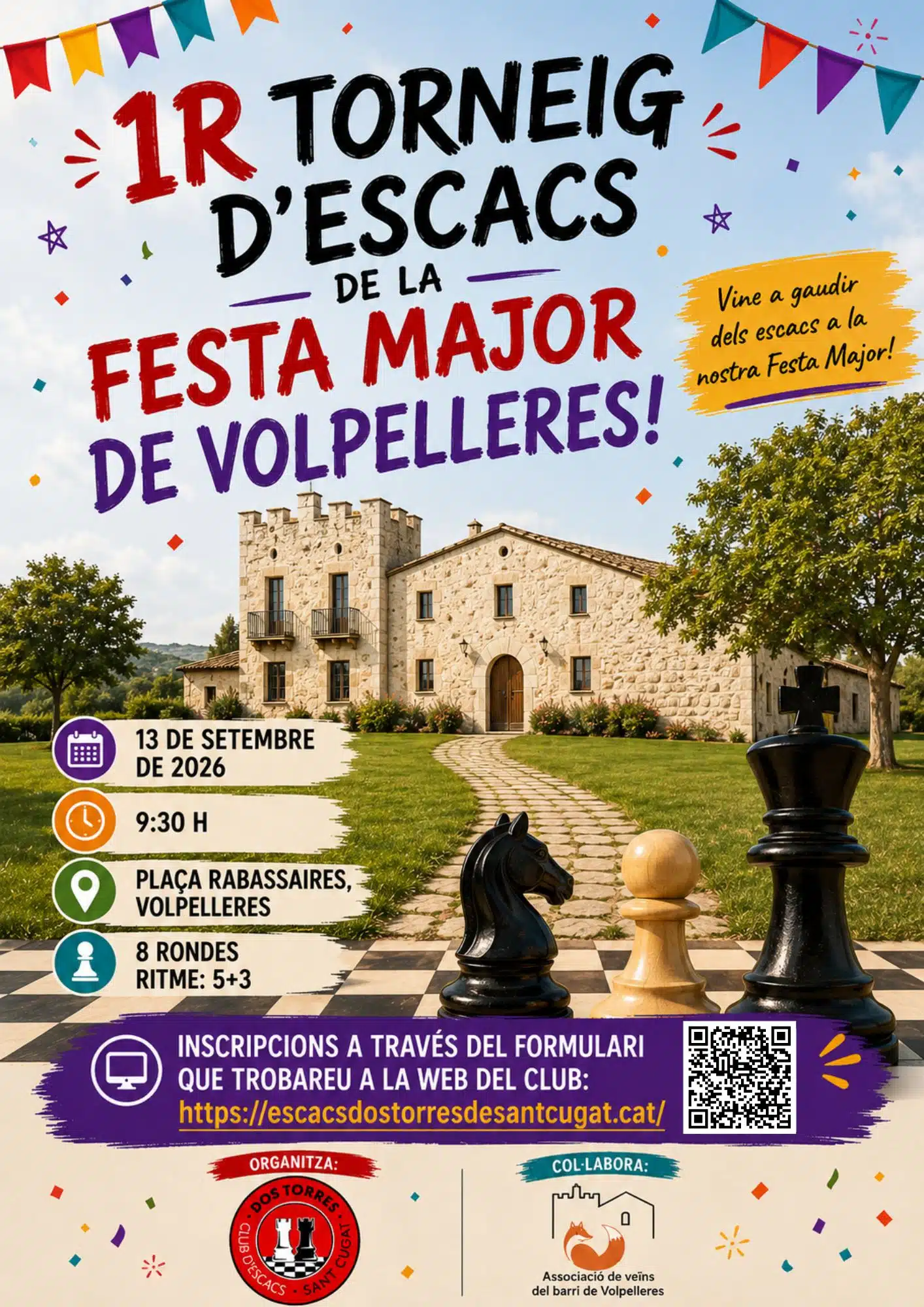 Cartell del I Torneig d'Escacs de Festa Major de Volpelleres a la plaça Rabassaires
